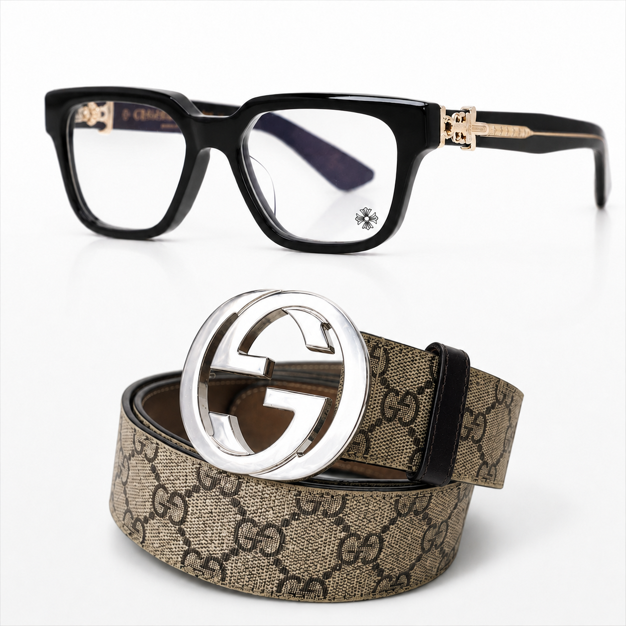 黒縁眼鏡とGG柄ベルト