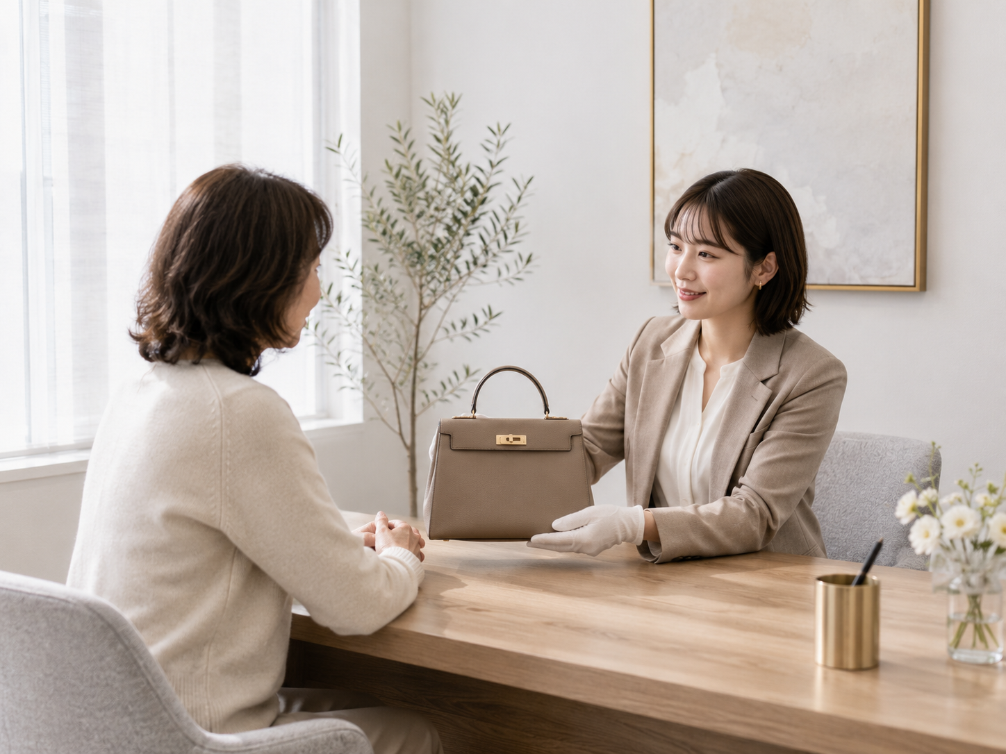 店舗で品物について相談する様子