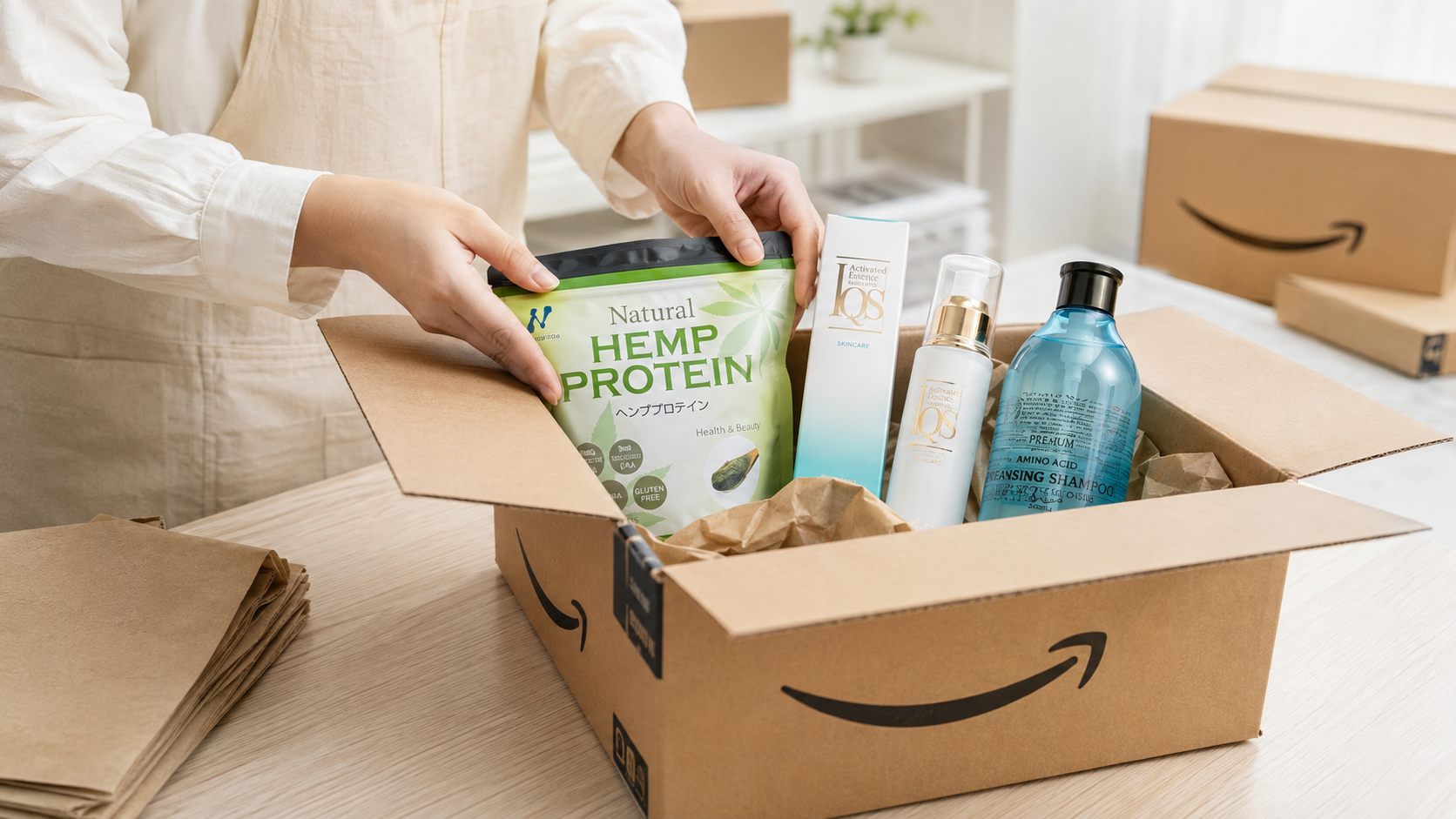 Amazonの段ボールへ商品を梱包する様子
